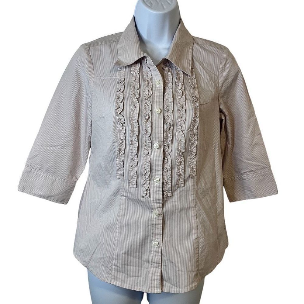 Ann Taylor Factory Petite Striped 3/4 Sleeve‎ Ruffle Front Blouse Size 0P